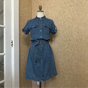 VTG Y2K 2000s Blue Jean Denim Snap Button Short Sleeve Belted Midi Mini Dress